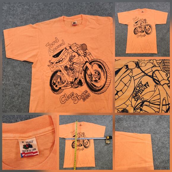 VTG 90s Harley Davidson Shirt Mens Medium Orange Clam Sham Motorcycle Event 1990 - Picture 1 of 16